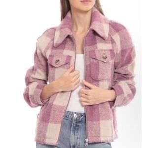 AVEC LES FILLES Women Zip Front Cropped Plaid Shacket Pink&Ivory Jacket Sz.S EUC